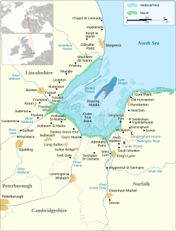 The Wash, showing the position of the towns and major villages that are of significance and the neighbouring areas.