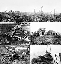 (Clockwise from the top) * The aftermath of shelling during the Battle of the Somme * Mark V tanks cross the Hindenburg Line * HMS Irresistible sinks after hitting a mine in the Dardanelles * A British Vickers machine gun crew wears gas masks during the Battle of the Somme * Albatros D.III fighters of Jagdstaffel 11