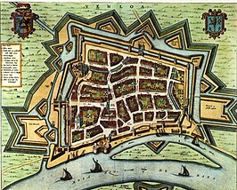 Kaart van Venlo uit 1652 van Joan Blaeu, met bovenin geheel links de Munnikemolen