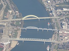 Aerial view of bridges in Downtown Cincinnati in 2017