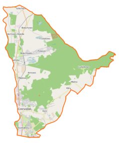 Mapa konturowa gminy Czerwonak, po lewej znajduje się punkt z opisem „Dawny klasztor Cysterek w Owińskach”