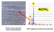 Failed 470 µF/10 V electrolytic capacitor; grooves from manufacturing are still visible, but the surface is coated with plate-like aluminum hydroxide (microscopic image, magnification 10x)