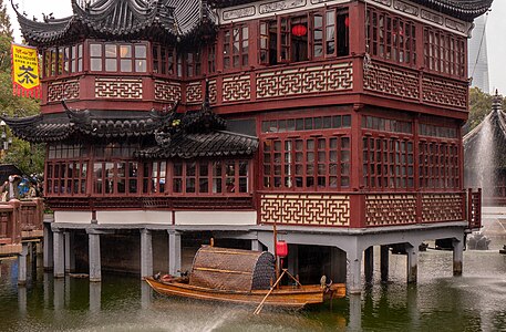 Built in 1855, the Huxinting Teahouse at the Yu Garden pond remains in use in 2018