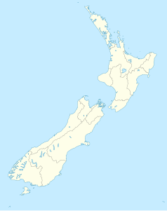 Mapa konturowa Nowej Zelandii, u góry nieco na prawo znajduje się punkt z opisem „Auckland”