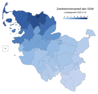 Südschleswigscher Wählerverband ﻿Höchstwerte: 16,1 % (Flensburg) 14,6 % (Flensburg-Land) 12,0 % (Nordfriesland-Nord) 11,6 % (Schleswig) 10,7 % (Nordfriesland-Süd) ﻿Tiefstwerte: 2,2 % (Stormarn-Süd) 2,5 % (Lauenburg-Süd) 2,7 % (Stormarn-Mitte) 2,8 % (Lauenburg-Nord) 2,8 % (Norderstedt)