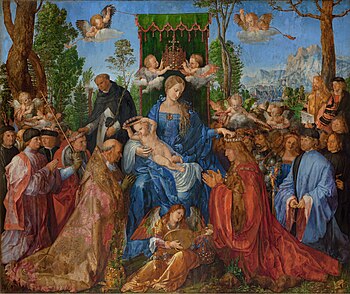 Das Rosenkranzfest, im Hintergrund Dürer selbst, an einen Baum gelehnt