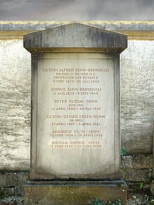 Gustav Alfred Senn-Bernoulli (1875–1945) Botaniker. Schwiegersohn, Gustav Georg Stutz-Senn (1897–1961) Psychiater. Familiengrab: Senn-Bernoulli-Stutz. Familiengrab auf dem Friedhof Wolfgottesacker, Basel