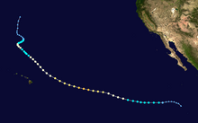 A track map of the path of a hurricane over the Eastern and Central Pacific Ocean