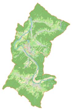 Mapa konturowa gminy Lesko, na dole nieco na lewo znajduje się punkt z opisem „Hoczew”