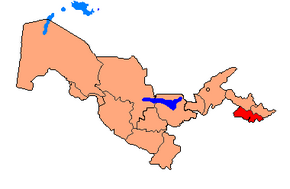 Harta regiunii Fergana în cadrul Uzbekistanului