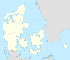 Mapa konturowa Danii, blisko górnej krawiędzi po lewej znajduje się punkt z opisem „Hirtshals”