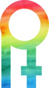 The logo, shaped like the letter R, represents the female gender symbol in rainbow colors