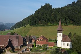 Trub Dorf. Ansicht von Kirche und Kloster von Osten.