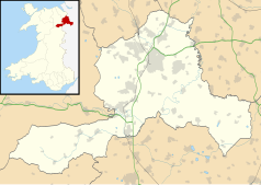 Mapa konturowa Wrexham, po prawej nieco na dole znajduje się punkt z opisem „Penley”