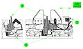 Front and side elevation diagrams of the Capture Latch (1) in the closed position. The underside of the Ready-to-Latch Indicator (2) shows one set of springs that will be compressed by the PCBM Alignment Guide during capture. The cables (3) are for the latch and its limit switch, the RTL, and nearby Powered Bolts.[6][114]