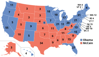 Presidential election results map. Blue denotes states won by Obama/Biden and red denotes those won by McCain/Palin. Numbers indicate electoral votes cast by each state and the District of Columbia.