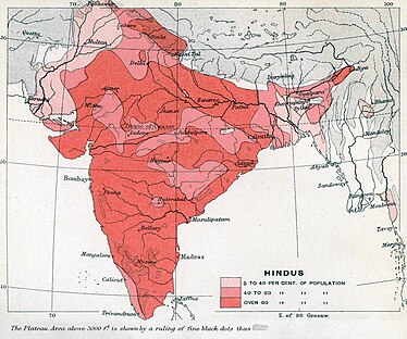 Përqindja e hinduve sipas distrikteve, 1901.