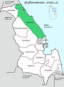 A map of the Trincomalee District (in green) with the Kuchchaveli DS division marked.