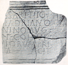 Tablet from Rough Castle’s ‘Principia’ (headquarters). RIB 2145, dedicated to the emperor Antoninus Pius.[9] George MacDonald calls it no. 29 in the 2nd edition of his book The Roman Wall in Scotland.[10] It has been scanned and a video produced.[11]