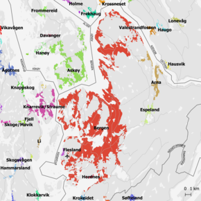 Karte des Tettsteds Bergen sowie der umliegenden Orte, Stand 2022