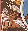 mittelalterliche Buchillustration, Abbildung eines geflügelten löwenartigen Tieres