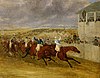 The 1839 Epsom Derby -- Bloomsbury beating Deception in a snowstorm. Painting by James Pollard (1797-1867).