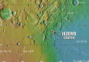 Am Rand von Isidis Planitia befindet sich der Jezerokrater.