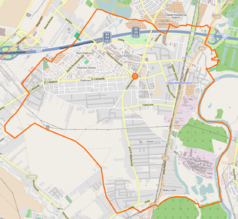 Mapa konturowa Lubonia, po prawej nieco na dole znajduje się punkt z opisem „Zakłady Chemiczne Luboń”