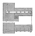Detailschnitte eines im Mauerwerk verdeckten Balkenankers: oben Seitenansicht, unten Draufsicht (Meyers Konversationslexikon, 1885–90).