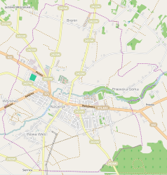 Mapa konturowa Nasielska, blisko centrum na lewo znajduje się punkt z opisem „Parafia św. Wojciecha”