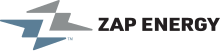 Logo design where two lightning bolt shapes, one grey and one blue, form a Z between them and the words Zap Energy