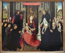 Linkes Bild: Hans Memling, Jungfrau mit Kind und den Heiligen Jakobus und Dominikus, 1488–1490. Das Hakenmedaillon kennzeichnet den „Memling“-Teppich. Rechtes Bild: Teppich aus Konya, 18. Jh. mit „Memling“-Medaillons