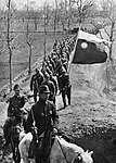 The flag being carried by soldiers.