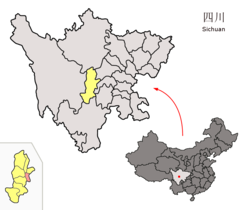 Location of Yucheng District (red) in Ya'an City (yellow) and Sichuan province