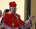 De patriarch van Venetië in rode koorkledij, bonnet met pompon