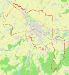 Mapa konturowa Opawy, blisko centrum u góry znajduje się punkt z opisem „Opava západ”