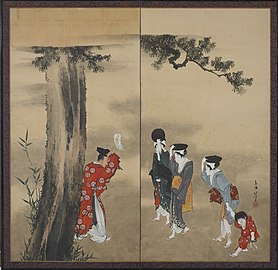 A Shinto Priest, Three Women and a Child by Katsushika Hokusai. Ink, gold, and color on paper. Edo period, ca. 1799-1801