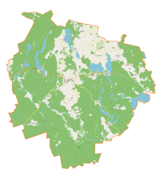 Mapa konturowa gminy Jedwabno, u góry nieco na lewo znajduje się owalna plamka nieco zaostrzona i wystająca na lewo w swoim dolnym rogu z opisem „Upadek”