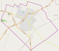 Mapa konturowa Żuromina, blisko centrum u góry znajduje się punkt z opisem „Kościół Świętej Trójcy w Żurominie”