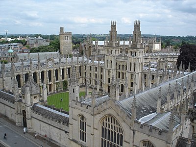 All Souls College, seen from the tower of the University Church of St Mary the Virgin, was founded by King Henry VI in 1438. Uniquely at Oxford, the college does not have any students – only Fellows.