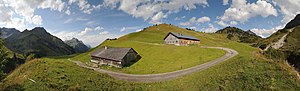 7: The old Sennalpe Batzen (lower building) and the new Alpe Batzen (upper building), two chalets surrounded by mountain pastures in Schröcken, Bregenzerwald, Vorarlberg. User:Böhringer