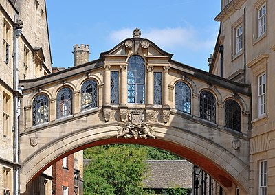 Hertford Bridge, also known as the Bridge of Sighs, at Hertford College. The bridge, designed by Thomas Graham Jackson, links the Old and New Quadrangles of the college, which are on opposite sides of New College Lane. It was completed in 1914.