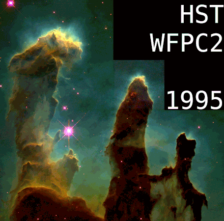 Die Säulen der Schöpfung. Animierter Vergleich von zwei Bildern des Hubble-Weltraum­teleskops (HST) im sichtbaren mit einem Bild des James-Webb-Weltraumteleskop (JWST) im nah­infraroten Bereich.