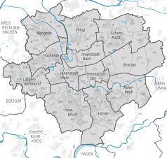 Mapa konturowa Dortmundu, w centrum znajduje się punkt z opisem „Dortmund Hauptbahnhof”