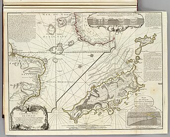 Alte Landkarte mit mehreren Inseln und handschriftlichen Textblöcken