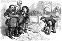 Thomas Nast (presumably sarcastically) drew himself asking for forgiveness from Senators for his critical sketches, writing "nobody may say a word against them for they are sacred".