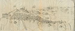Βορειοδυτική άποψη των Αθηνών και του βομβαρδισμού του Παρθενώνα, 1687, Φραντσέσκο Φανέλι.