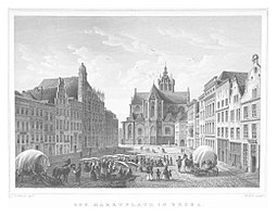 Weseler Marktplatz mit Rathaus (mittig links) um 1852