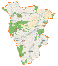 Mapa konturowa gminy Pielgrzymka, blisko centrum na prawo u góry znajduje się punkt z opisem „Pielgrzymka”