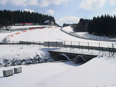 The famous Eau Rouge corner (the turn leading up the hill in the background is Raidillon) at the Circuit de Spa-Francorchamps, in the winter months